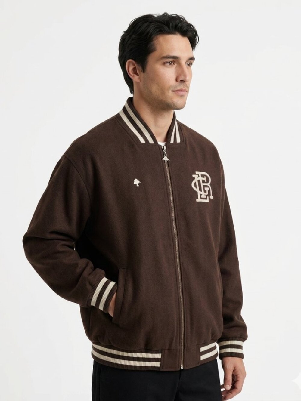 LRG MEN'S BROWN THE NATURAL WOOL BLEND EMBROIDERED VARSITY JACKET - XL